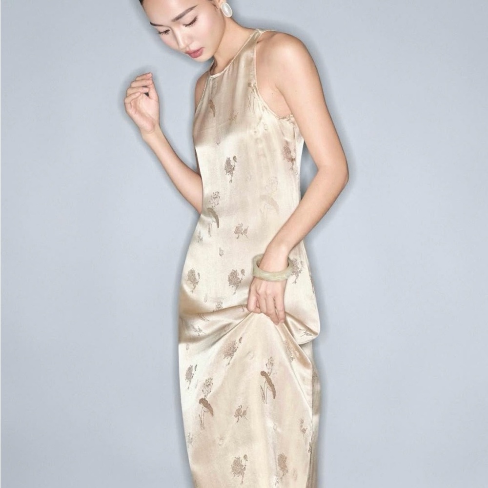 Silk Beige Floral Sheath Dress